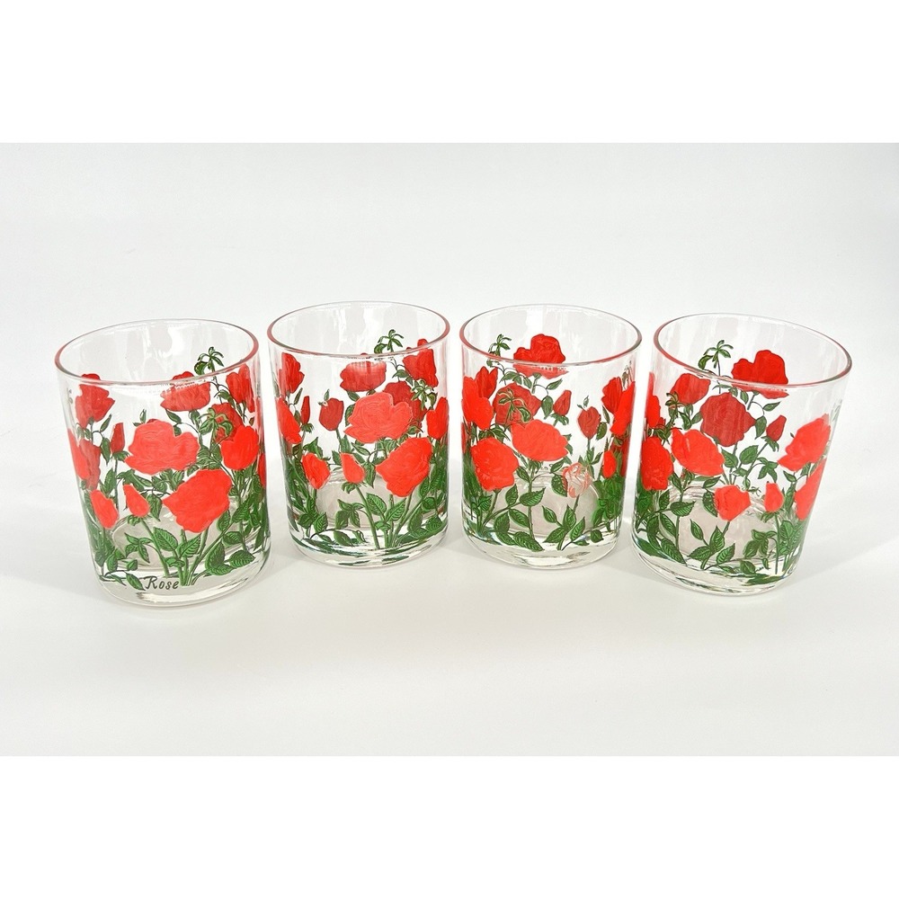 Vintage Cera Glass Set of 4 Red Roses Short Glasses Lowball 3" Hand Painted